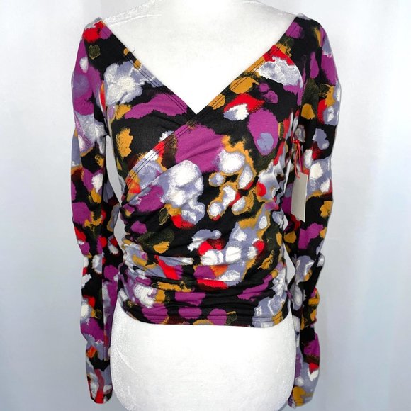 New Open Edit Off Shoulder Long Sleeve Ruched Faux Wrap Top Multi Size Small - Picture 6 of 16